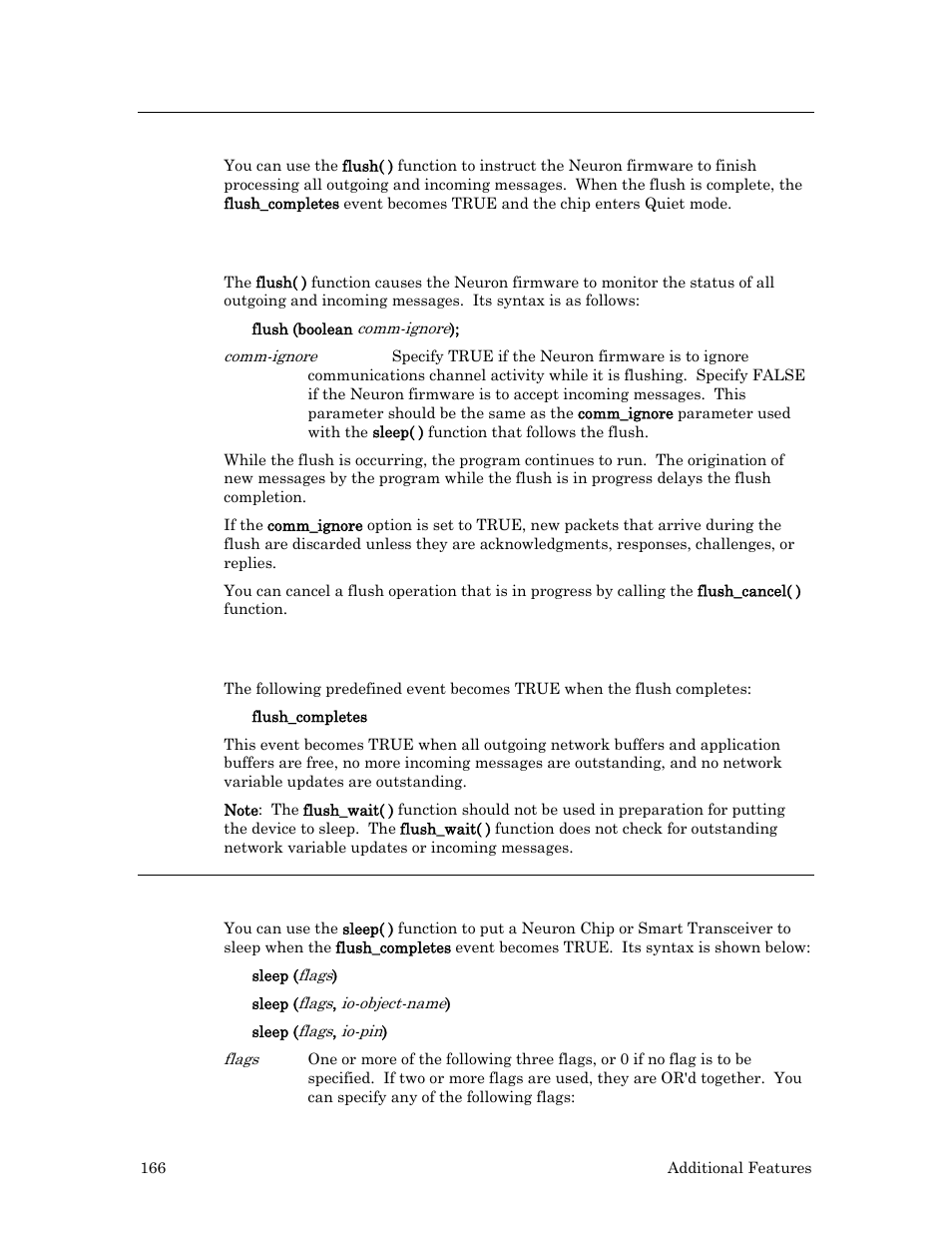 Flushing the neuron chip or smart transceiver, The flush( ) and flush_cancel( ) functions, Flush_completes event | Putting the device to sleep | Echelon Neuron C User Manual | Page 178 / 268