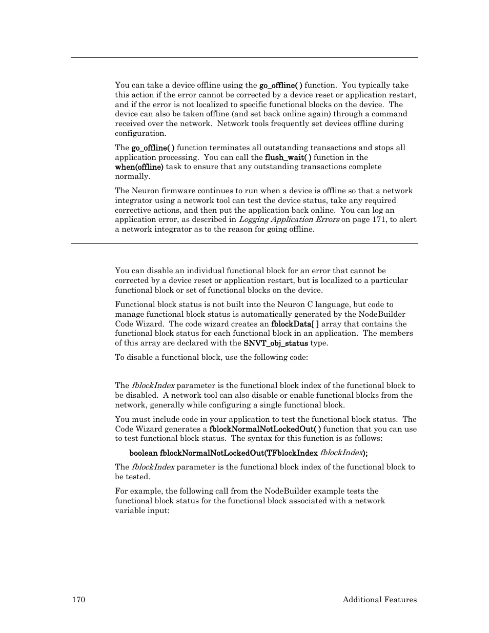 Taking an application offline, Disabling a functional block | Echelon Neuron C User Manual | Page 182 / 268