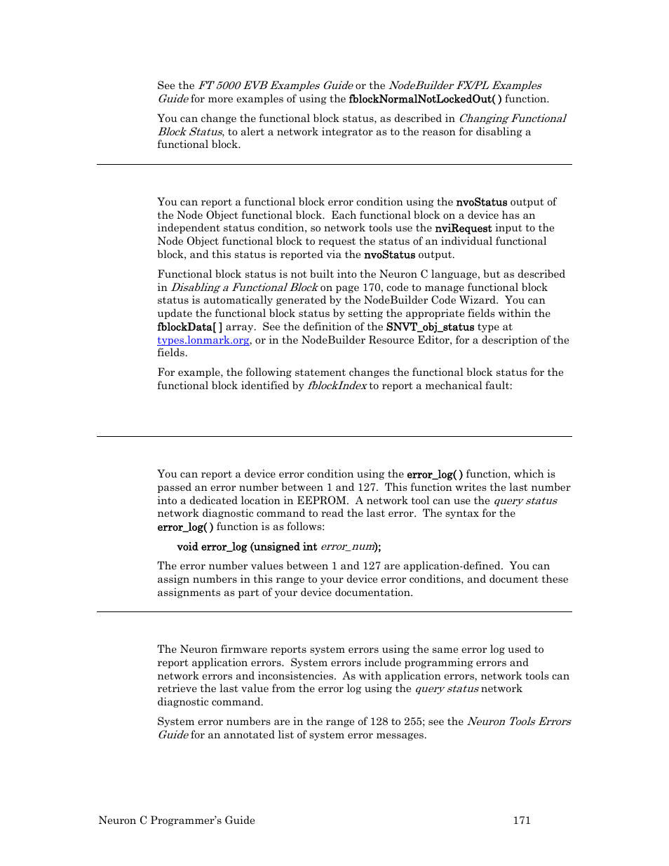 Changing functional block status, Logging application errors, System errors | Echelon Neuron C User Manual | Page 183 / 268