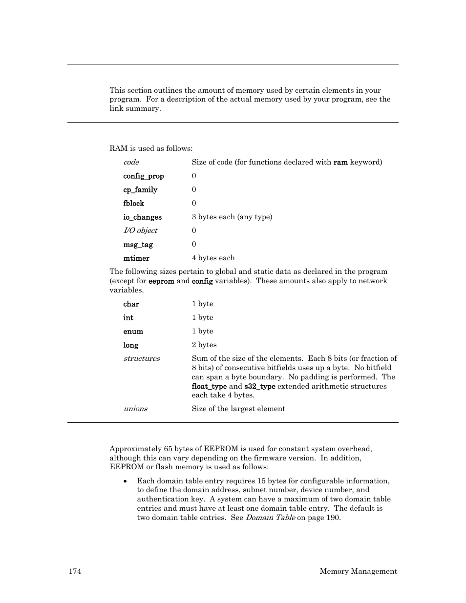 Memory use, Ram use, Eeprom use | Echelon Neuron C User Manual | Page 186 / 268