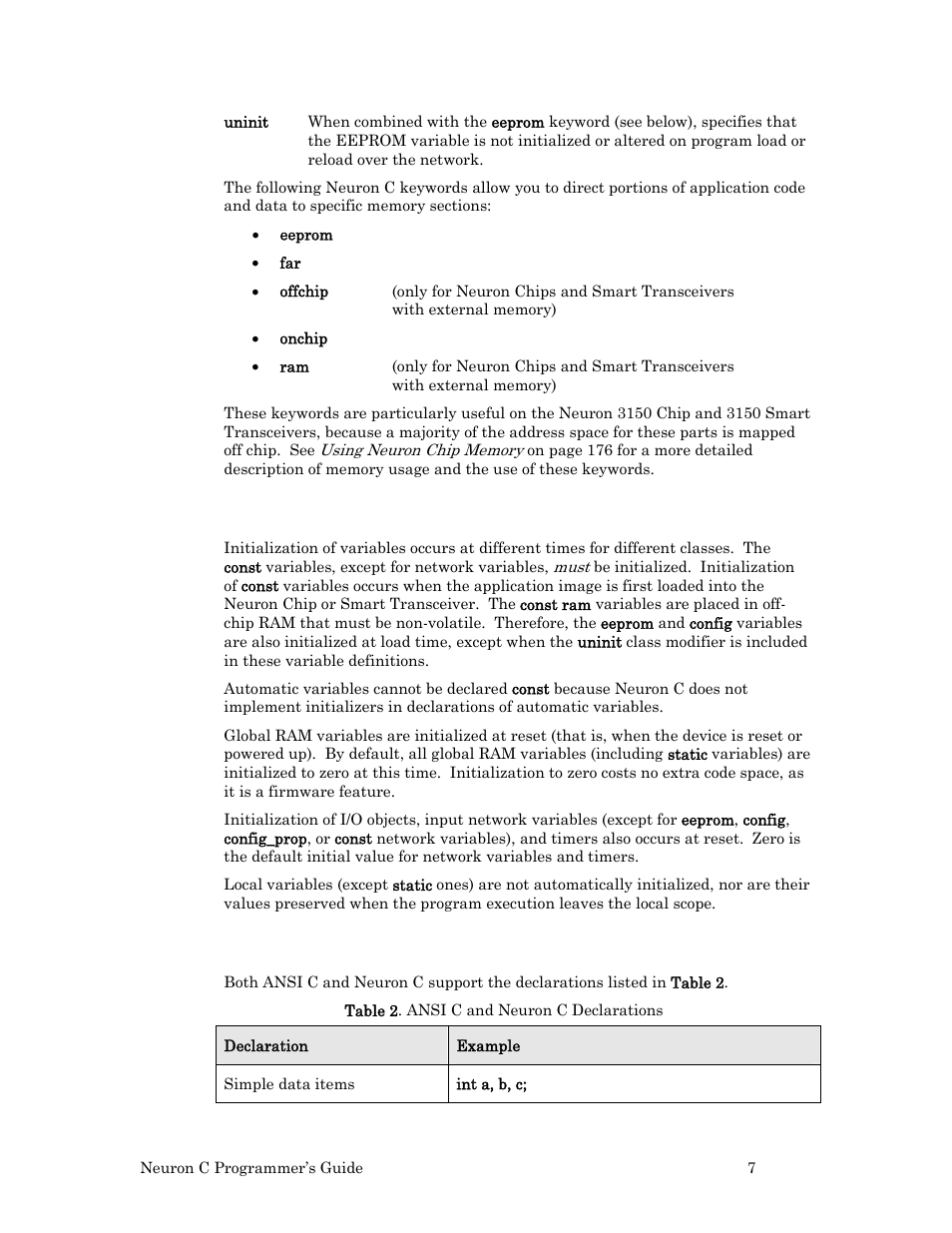 Variable initialization, Neuron c declarations | Echelon Neuron C User Manual | Page 19 / 268