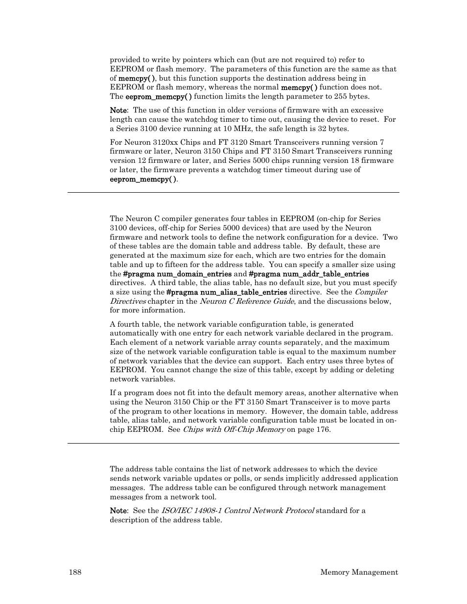 Reallocating on-chip eeprom, Address table | Echelon Neuron C User Manual | Page 200 / 268