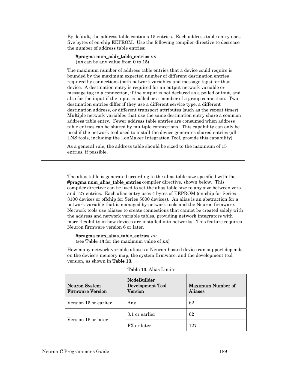Alias table | Echelon Neuron C User Manual | Page 201 / 268
