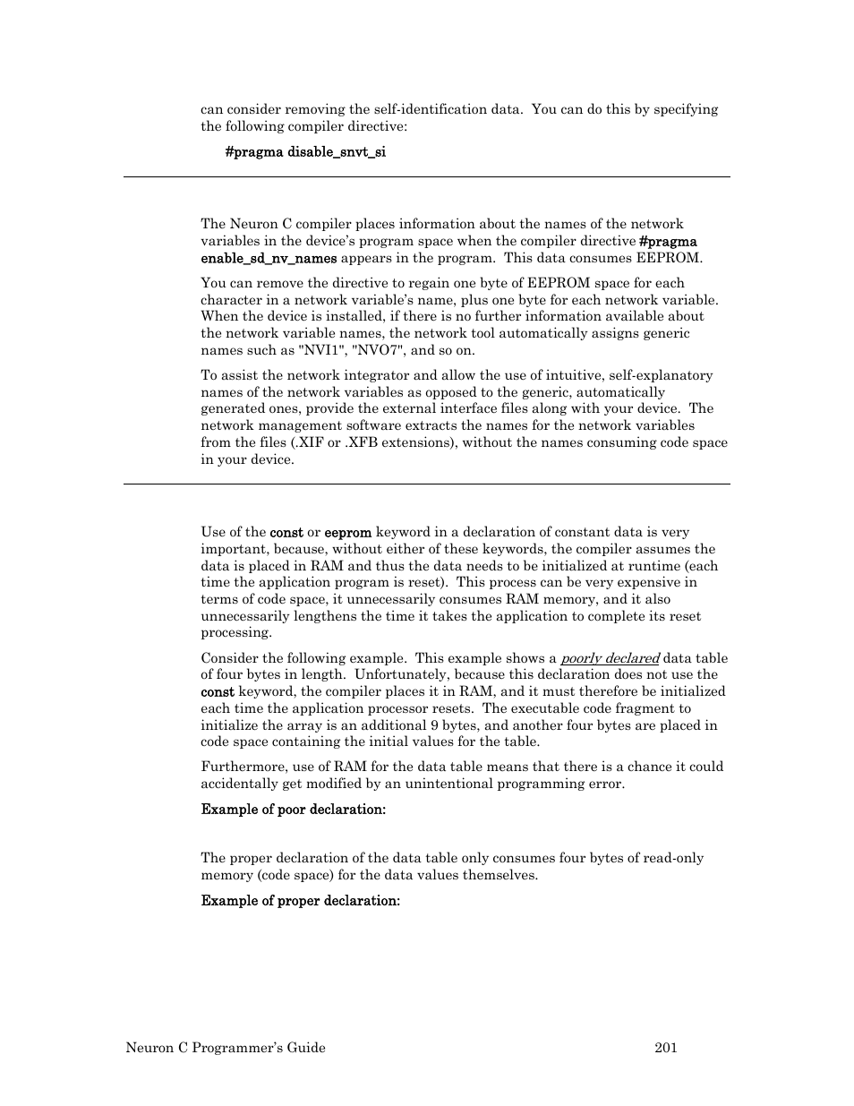 Remove network variable names if not needed, Declare constant data properly | Echelon Neuron C User Manual | Page 213 / 268