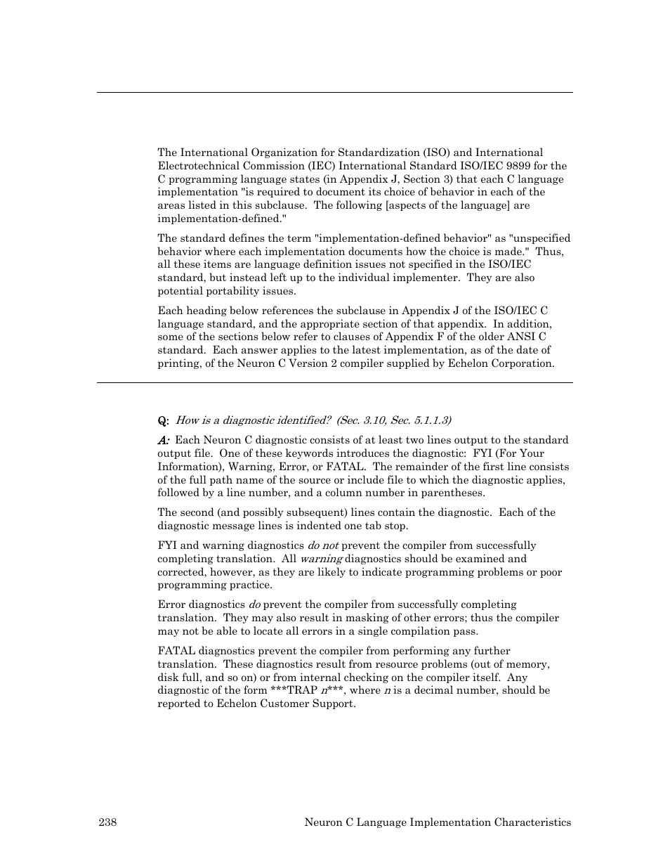 Neuron c language implementation characteristics, Translation (j.3.1) | Echelon Neuron C User Manual | Page 250 / 268
