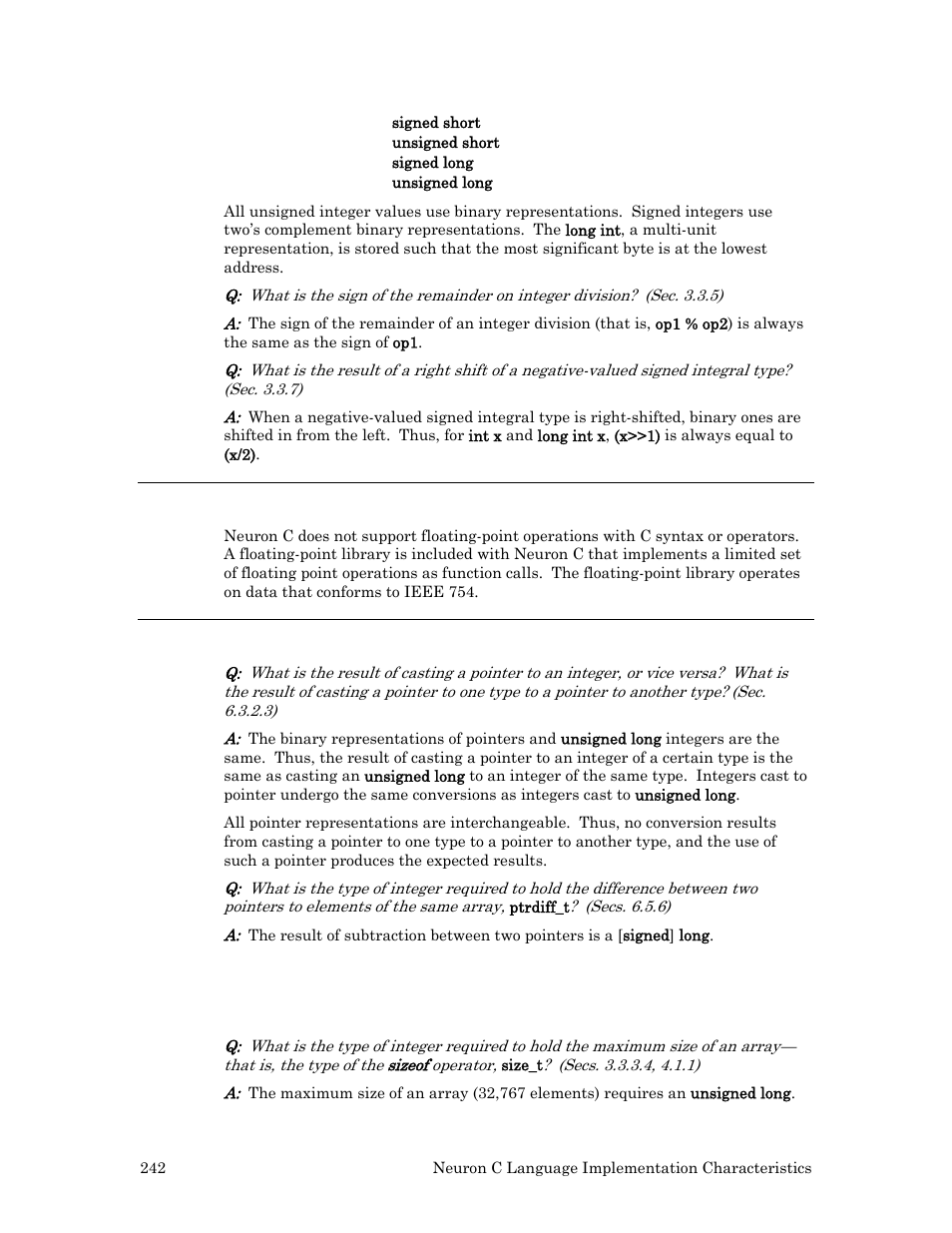 Floating point (j.3.6), Arrays and pointers (j.3.7), Arrays and pointers (f.3.7 of ansi c standard) | Echelon Neuron C User Manual | Page 254 / 268