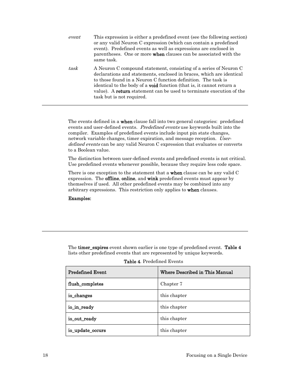 Types of events used in when clauses, Predefined events | Echelon Neuron C User Manual | Page 30 / 268