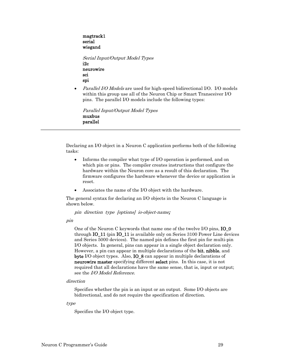 Declaring i/o objects in neuron c | Echelon Neuron C User Manual | Page 41 / 268