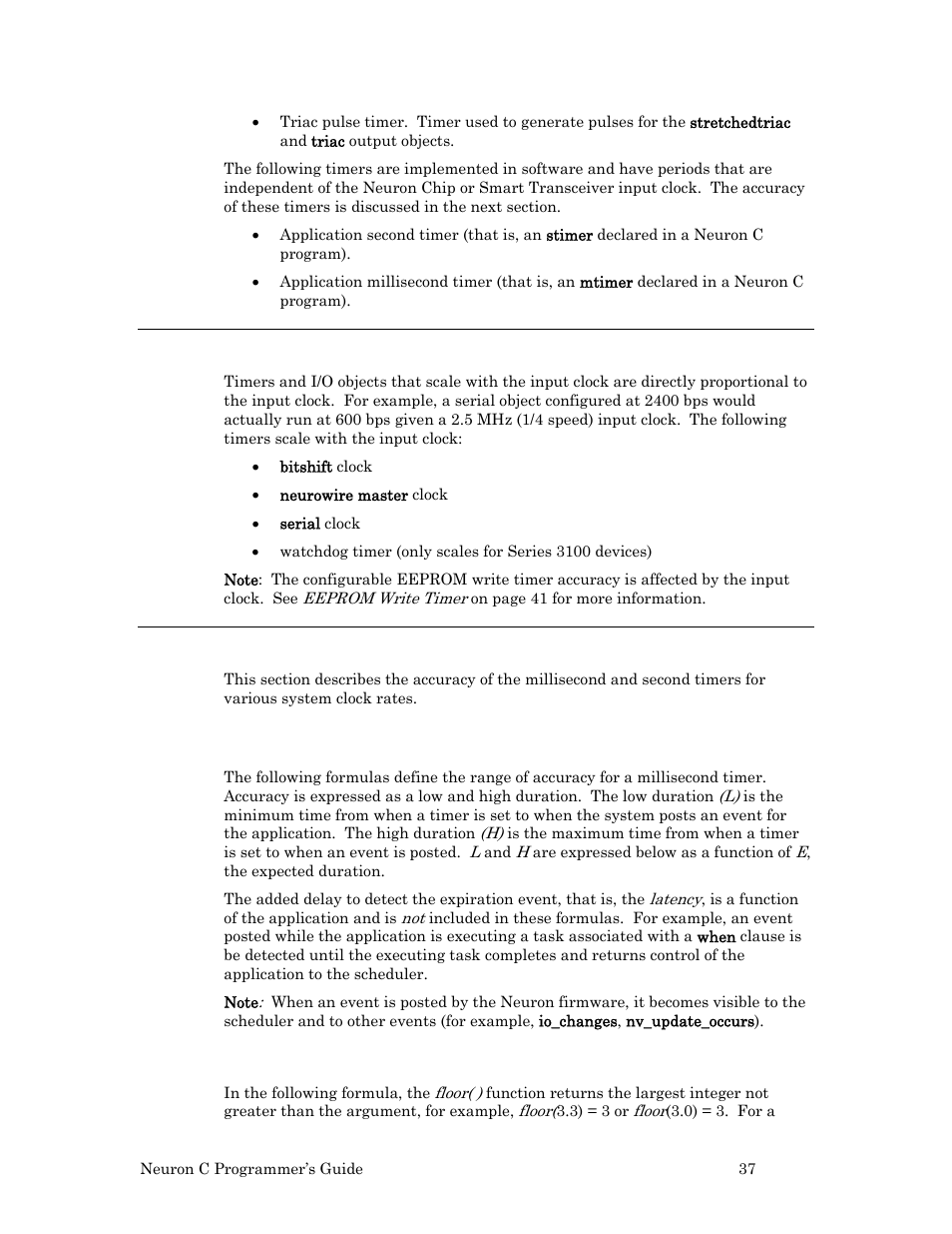 Scaled timers and i/o objects, Calculating accuracy for software timers, Accuracy of millisecond timers | With a 10 mhz input clock | Echelon Neuron C User Manual | Page 49 / 268