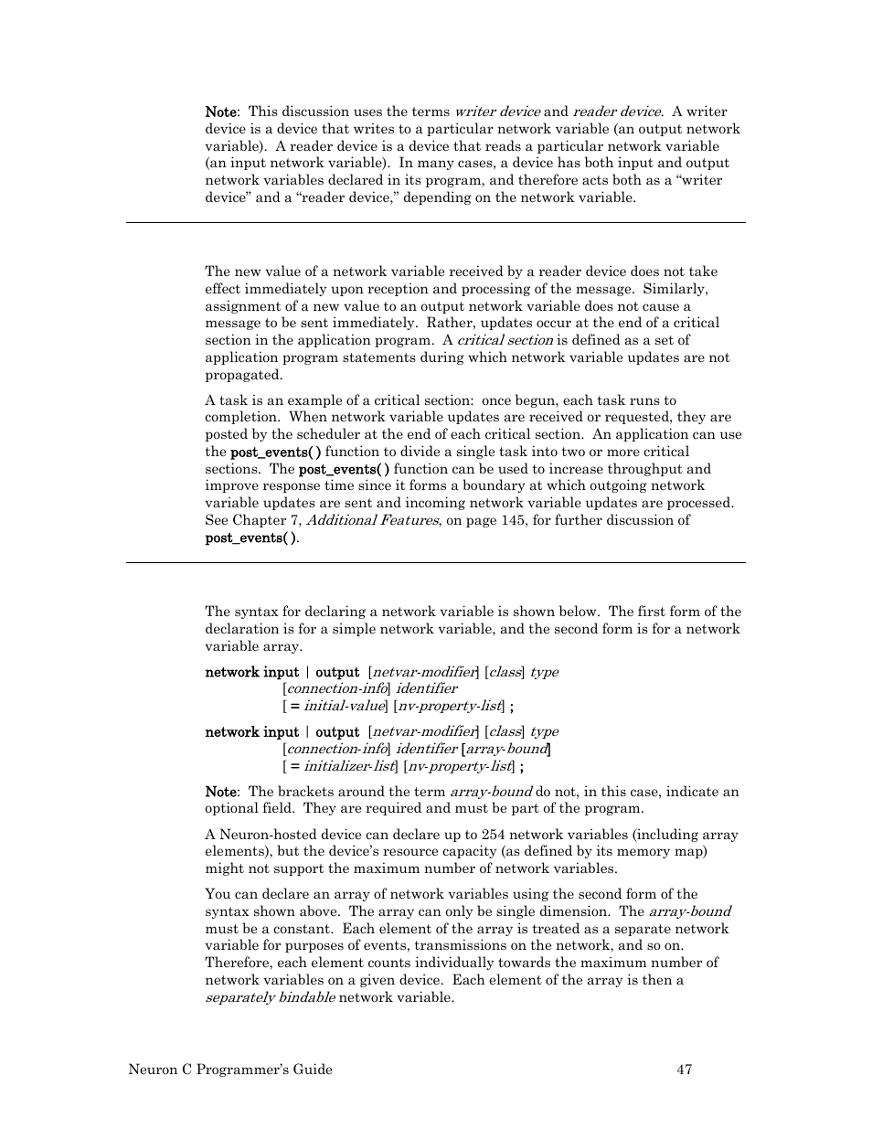 When updates occur, Declaring network variables, 47 describes t | Echelon Neuron C User Manual | Page 59 / 268