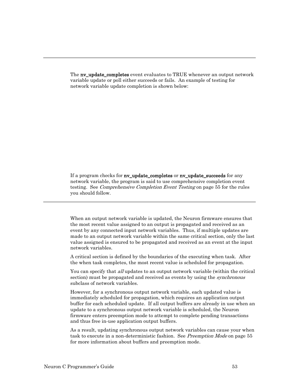 The nv_update_completes event, Synchronous network variables, 53 describes the behavior of | Echelon Neuron C User Manual | Page 65 / 268