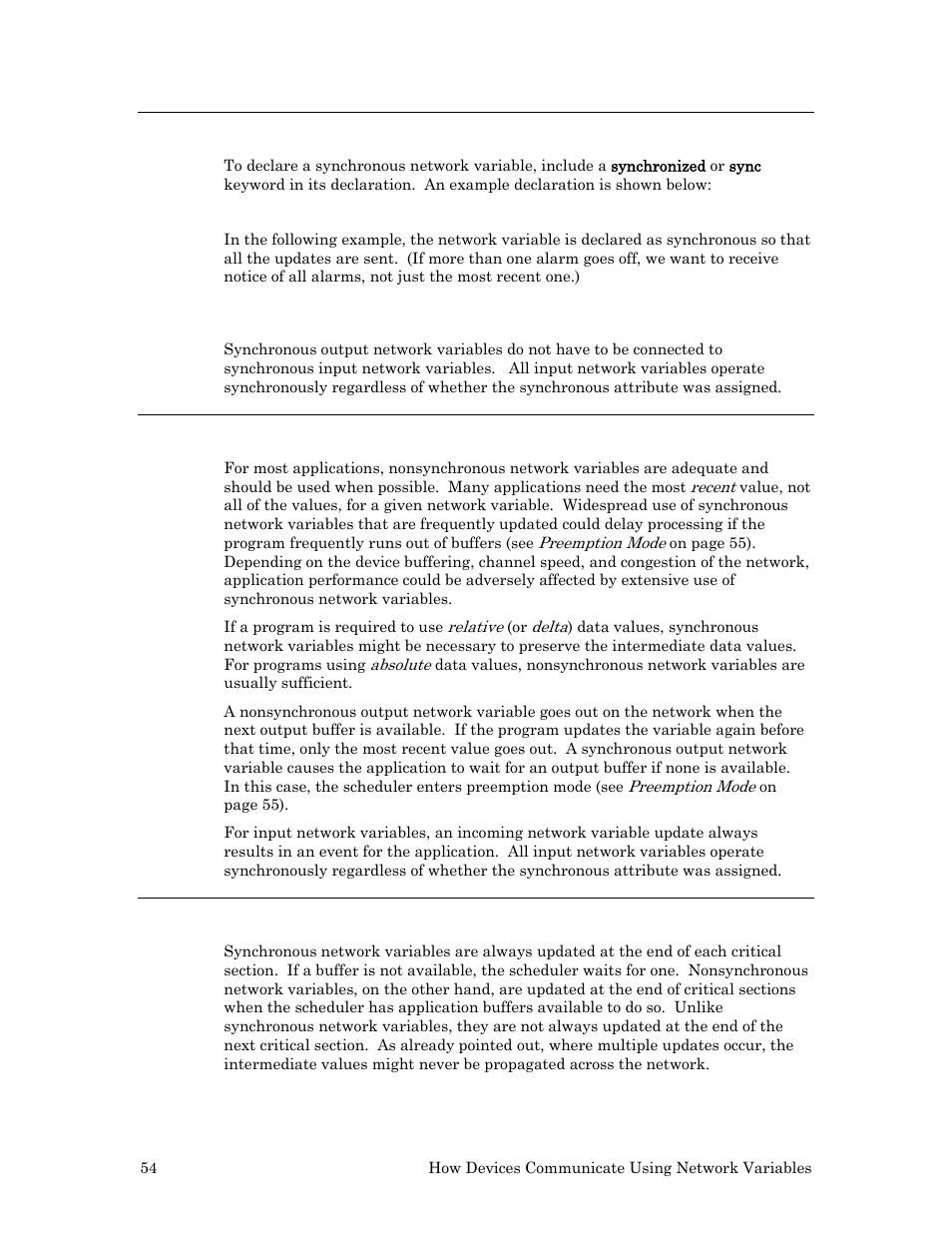 Declaring synchronous network variables, Synchronous vs. nonsynchronous network variables, Updating synchronous network variables | Echelon Neuron C User Manual | Page 66 / 268