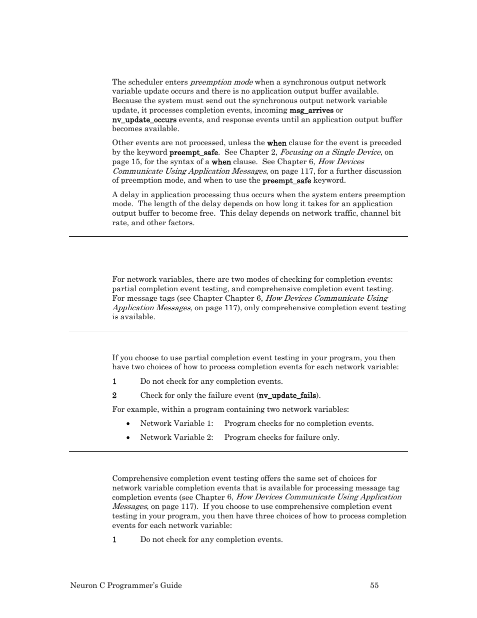 Preemption mode, Processing completion events for network variables, Partial completion event testing | Comprehensive completion event testing, 55 for th | Echelon Neuron C User Manual | Page 67 / 268