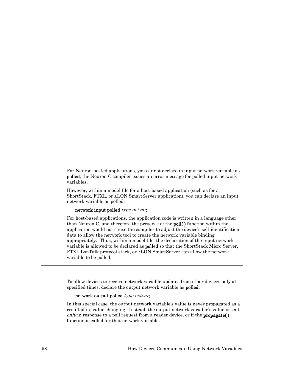 Declaring an input network variable as polled, Declaring an output network variable as polled | Echelon Neuron C User Manual | Page 70 / 268