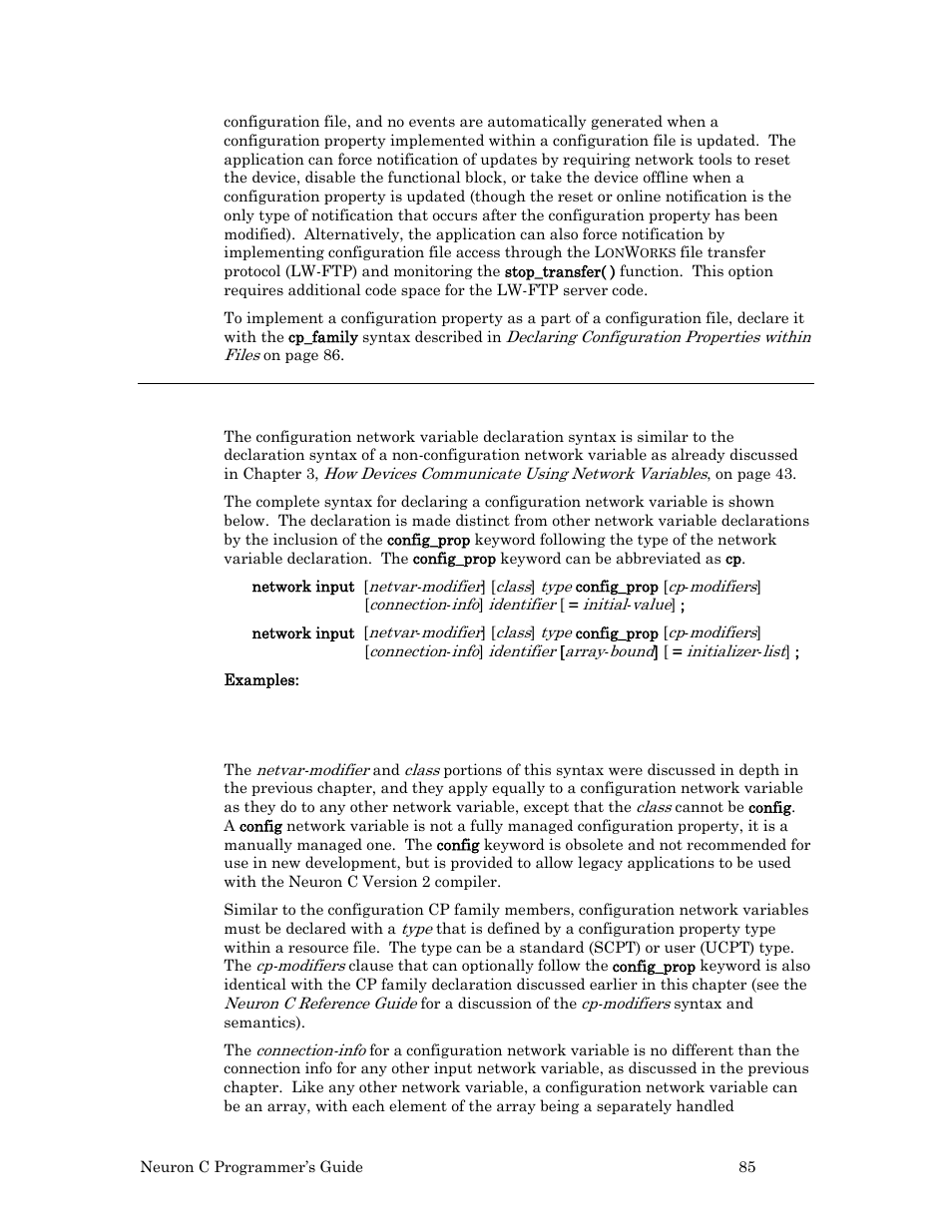 Declaration of configuration network variables | Echelon Neuron C User Manual | Page 97 / 268