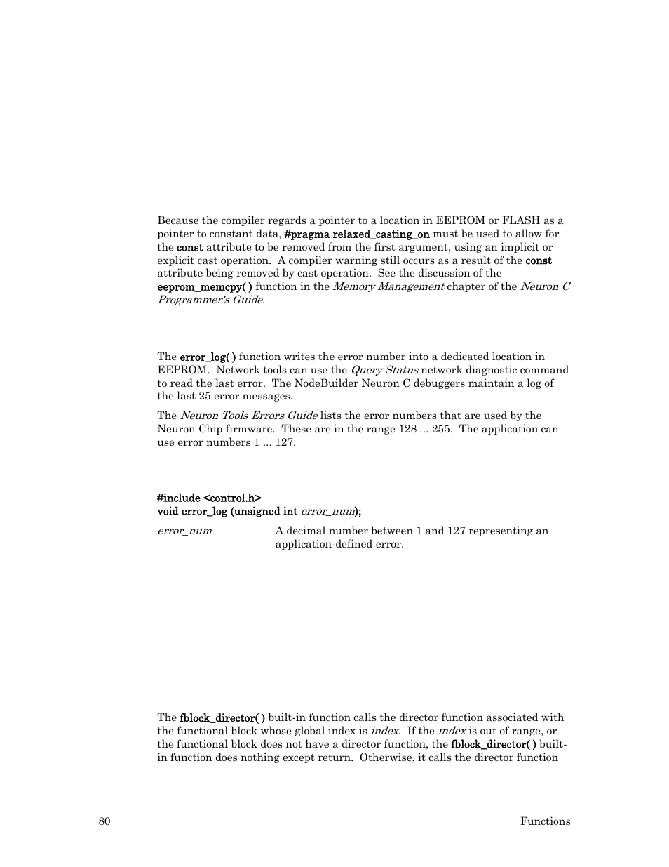 Example, Error_log( ) function, Syntax | Fblock_director( ) built-in function | Echelon Neuron C User Manual | Page 100 / 267