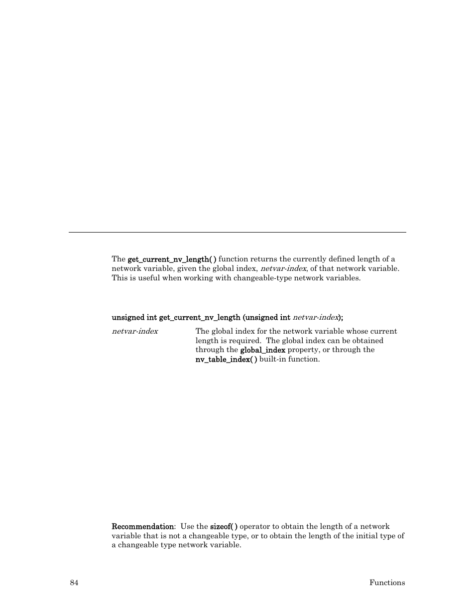 Get_current_nv_length( ) function, Syntax, Example | Echelon Neuron C User Manual | Page 104 / 267