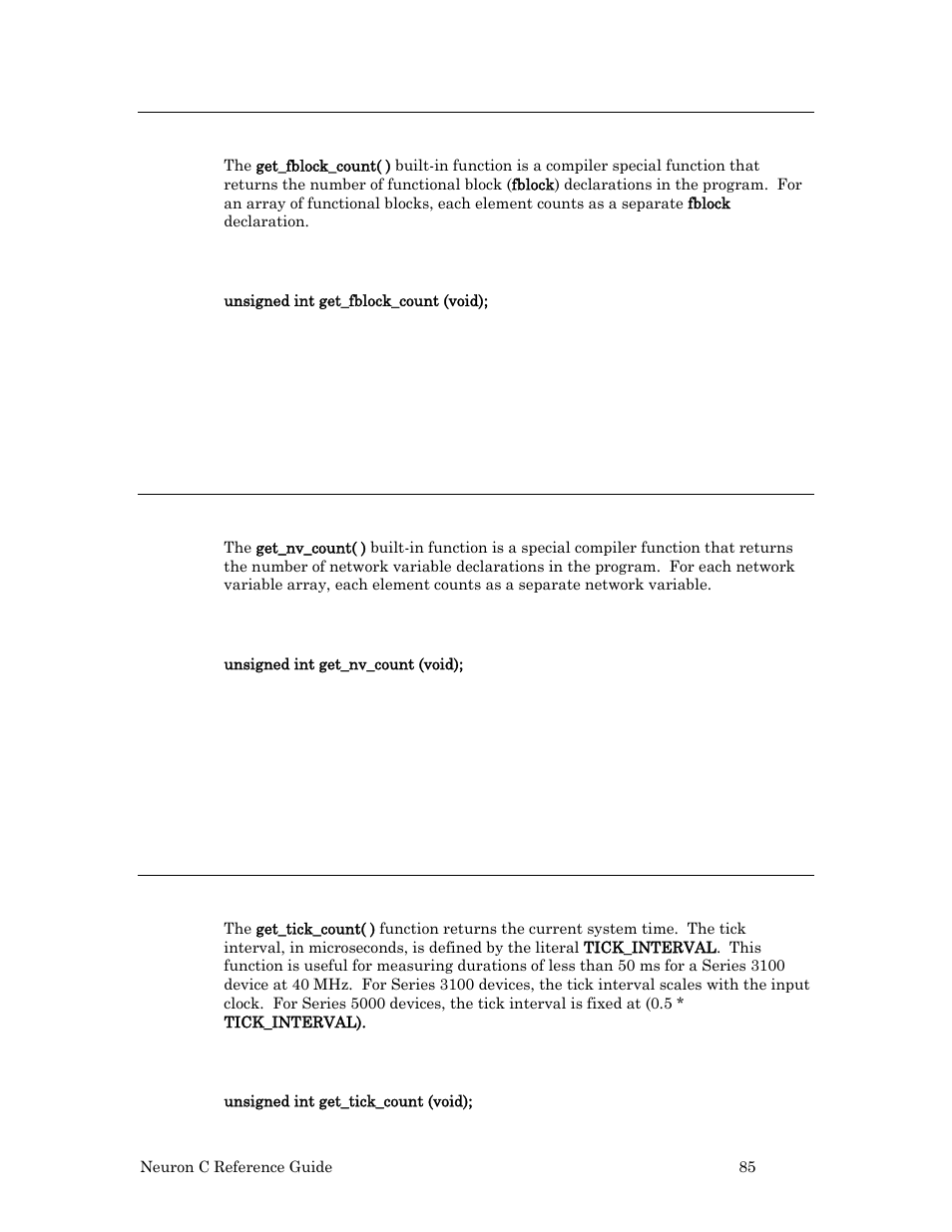 Get_fblock_count( ) built-in function, Syntax, Example | Get_nv_count( ) built-in function, Get_tick_count( ) function | Echelon Neuron C User Manual | Page 105 / 267