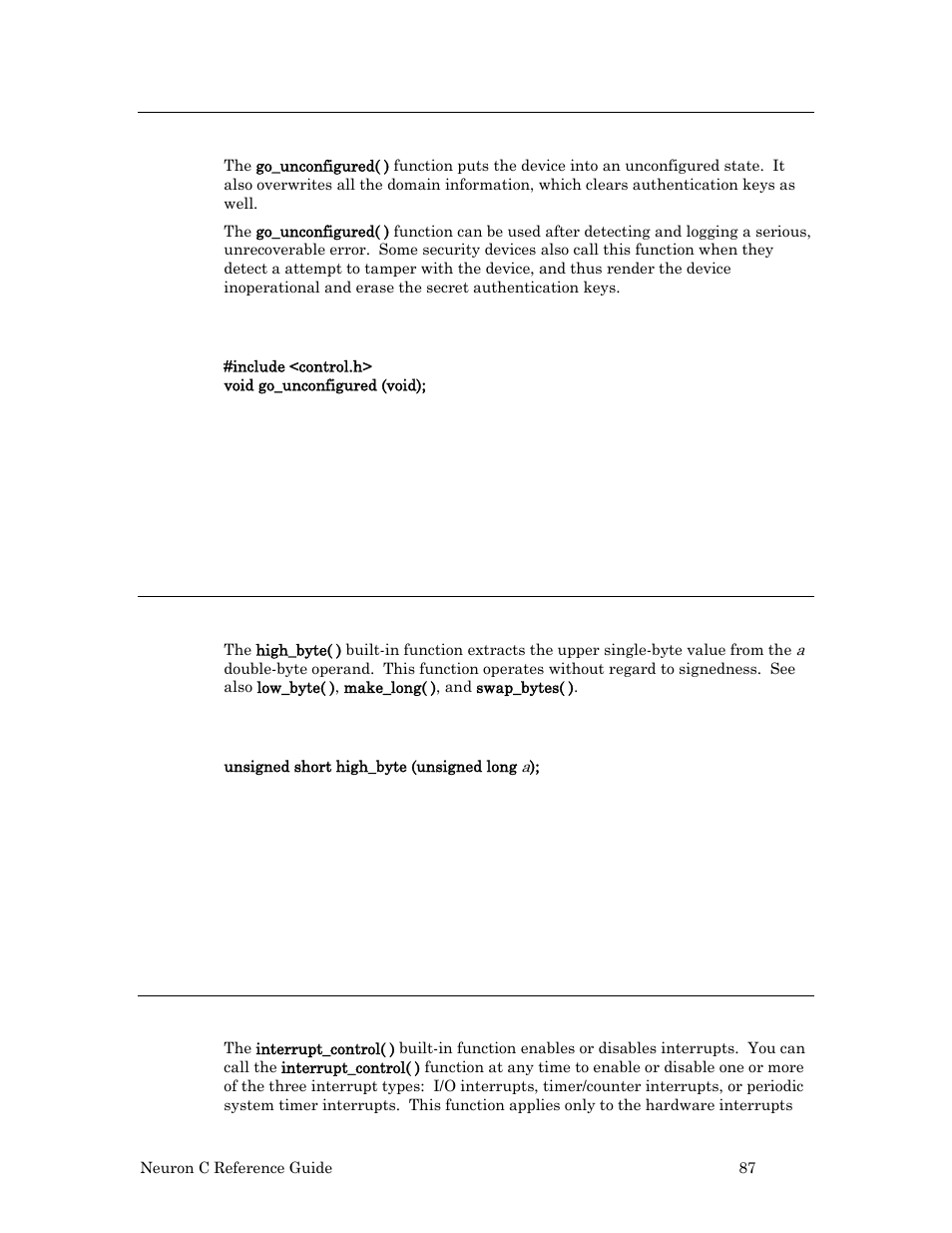 Go_unconfigured( ) function, Syntax, Example | High_byte( ) built-in function, Interrupt_control( ) built-in function | Echelon Neuron C User Manual | Page 107 / 267