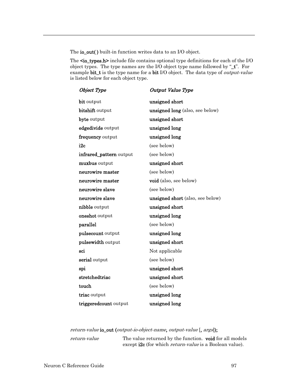 Io_out( ) built-in function, Syntax | Echelon Neuron C User Manual | Page 117 / 267