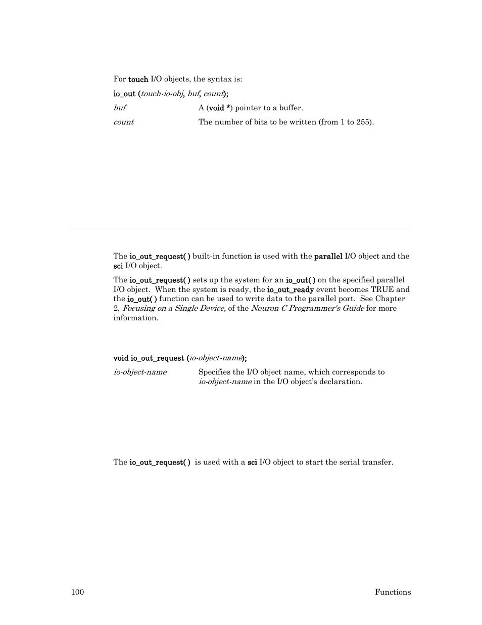 Touch, Example, Io_out_request( ) built-in function | Syntax, Example 1, Example 2 | Echelon Neuron C User Manual | Page 120 / 267