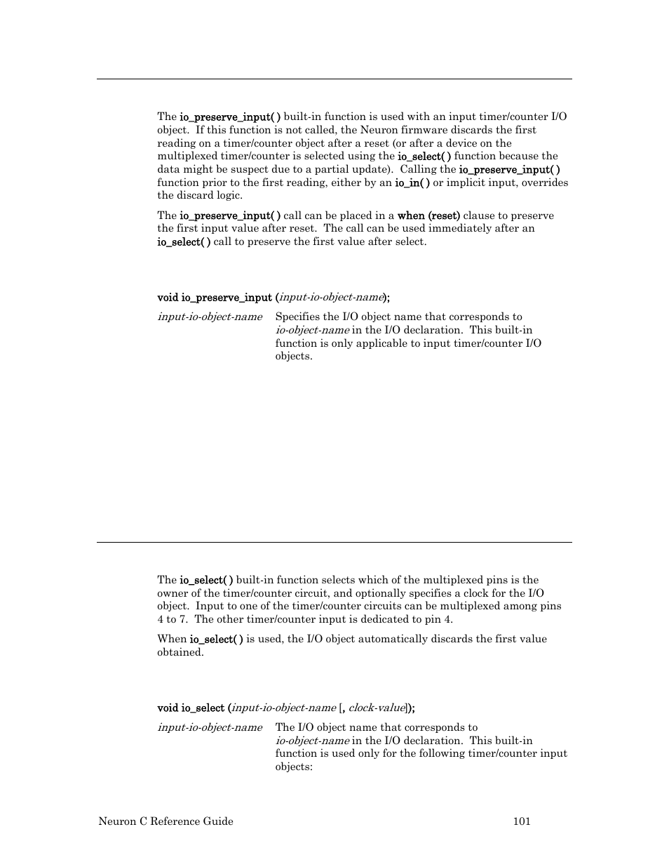 Io_preserve_input( ) built-in function, Syntax, Example | Io_select( ) built-in function | Echelon Neuron C User Manual | Page 121 / 267