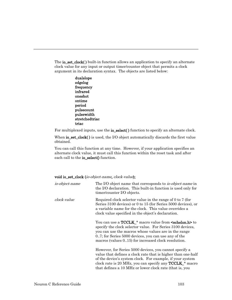 Io_set_clock( ) built-in function, Syntax | Echelon Neuron C User Manual | Page 123 / 267