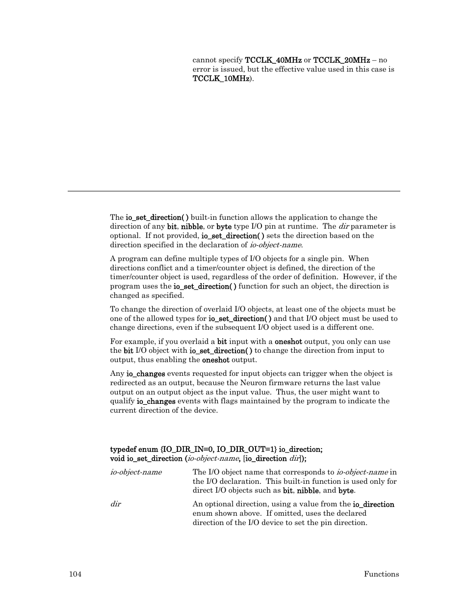 Example, Io_set_direction( ) built-in function, Syntax | Echelon Neuron C User Manual | Page 124 / 267