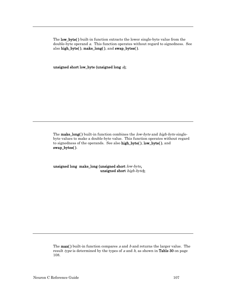 Low_byte( ) built-in function, Syntax, Example | Make_long( ) built-in function, Max( ) built-in function | Echelon Neuron C User Manual | Page 127 / 267