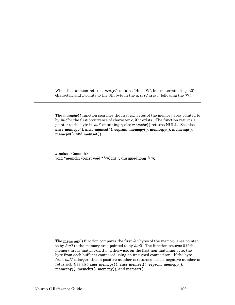 Example, Memchr( ) function, Syntax | Memcmp( ) function | Echelon Neuron C User Manual | Page 129 / 267