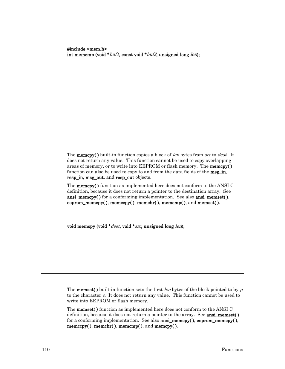 Syntax, Example, Memcpy( ) built-in function | Memset( ) built-in function | Echelon Neuron C User Manual | Page 130 / 267