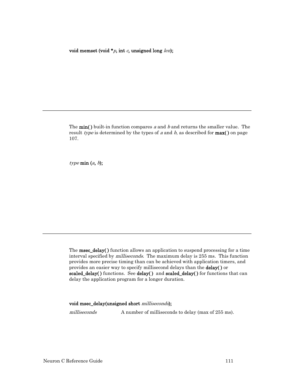 Syntax, Example, Min( ) built-in function | Msec_delay( ) function | Echelon Neuron C User Manual | Page 131 / 267