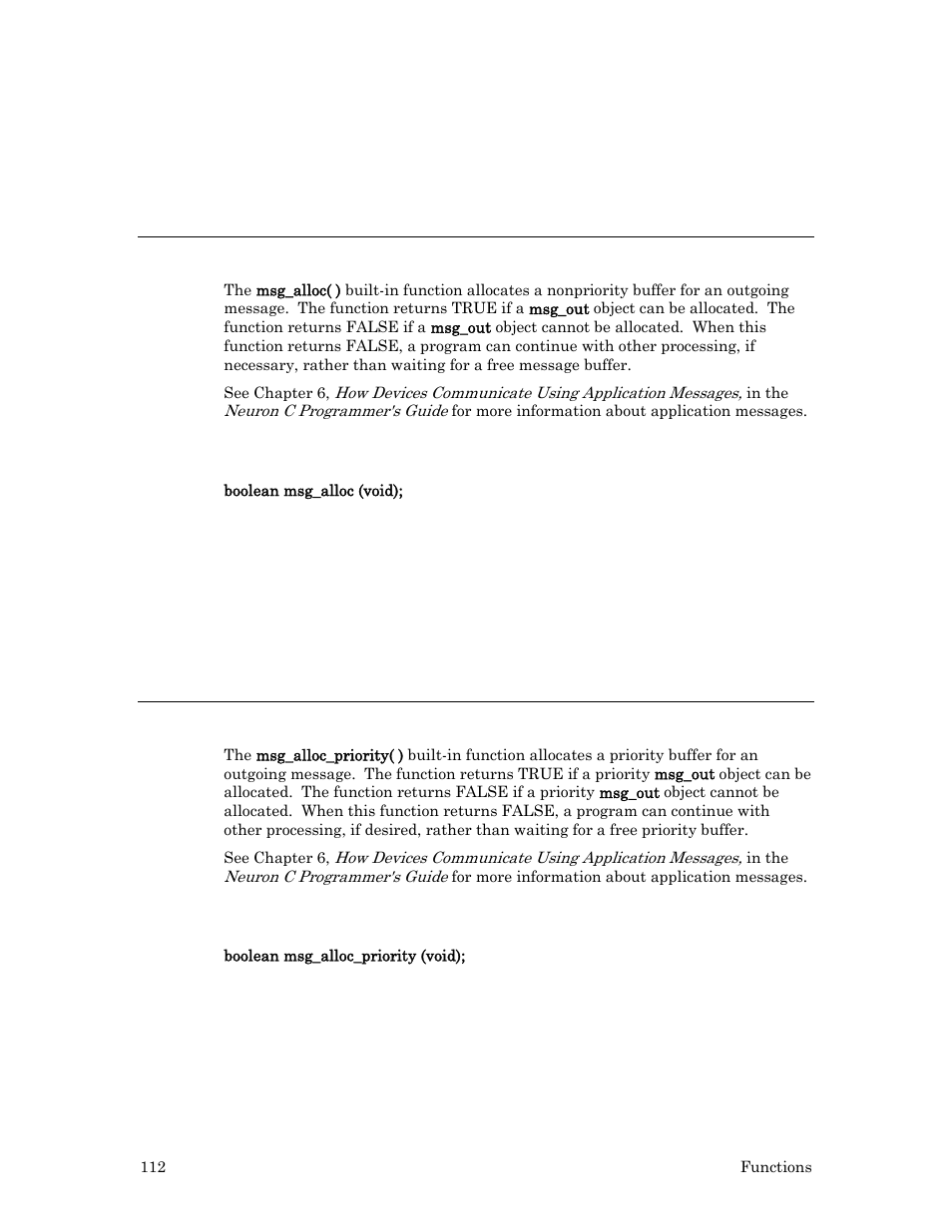 Msg_alloc( ) built-in function, Syntax, Example | Msg_alloc_priority( ) built-in function | Echelon Neuron C User Manual | Page 132 / 267