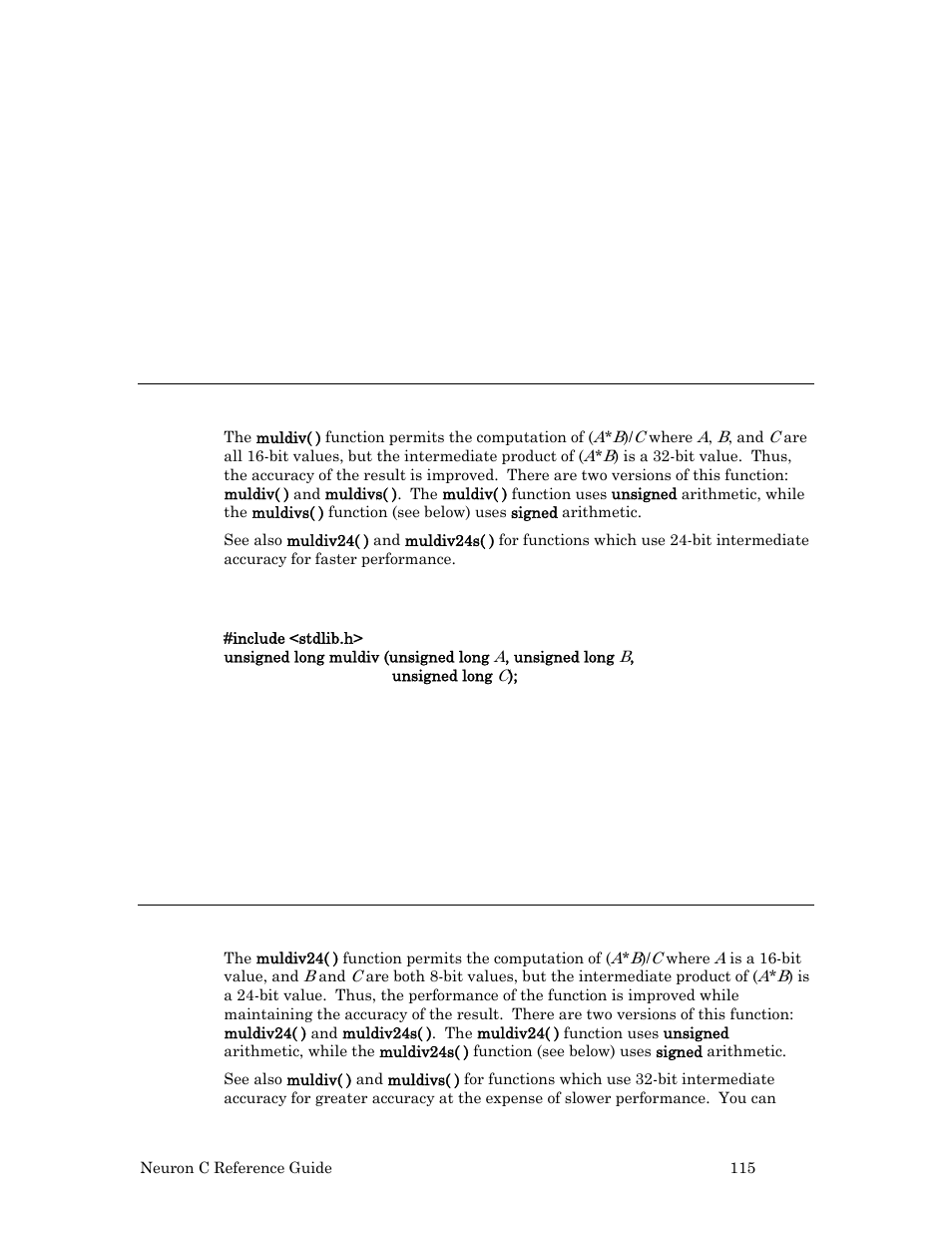 Example, Muldiv( ) function, Syntax | Muldiv24( ) function | Echelon Neuron C User Manual | Page 135 / 267