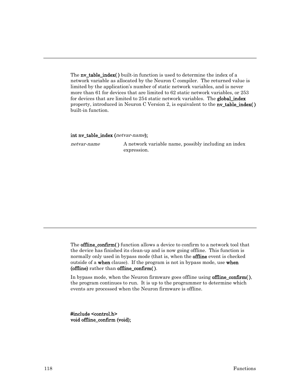 Nv_table_index( ) built-in function, Syntax, Example | Offline_confirm( ) function | Echelon Neuron C User Manual | Page 138 / 267