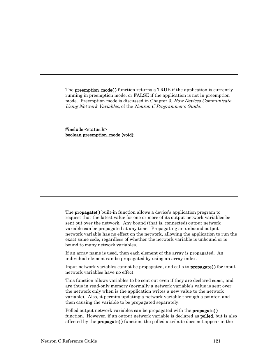 Preemption_mode( ) function, Syntax, Example | Propagate( ) built-in function | Echelon Neuron C User Manual | Page 141 / 267