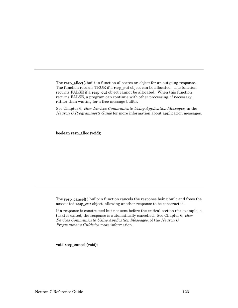 Example, Resp_alloc( ) built-in function, Syntax | Resp_cancel( ) built-in function | Echelon Neuron C User Manual | Page 143 / 267