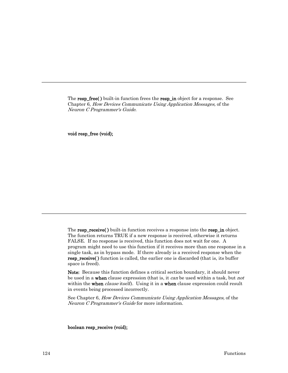 Resp_free( ) built-in function, Syntax, Example | Resp_receive( ) built-in function | Echelon Neuron C User Manual | Page 144 / 267