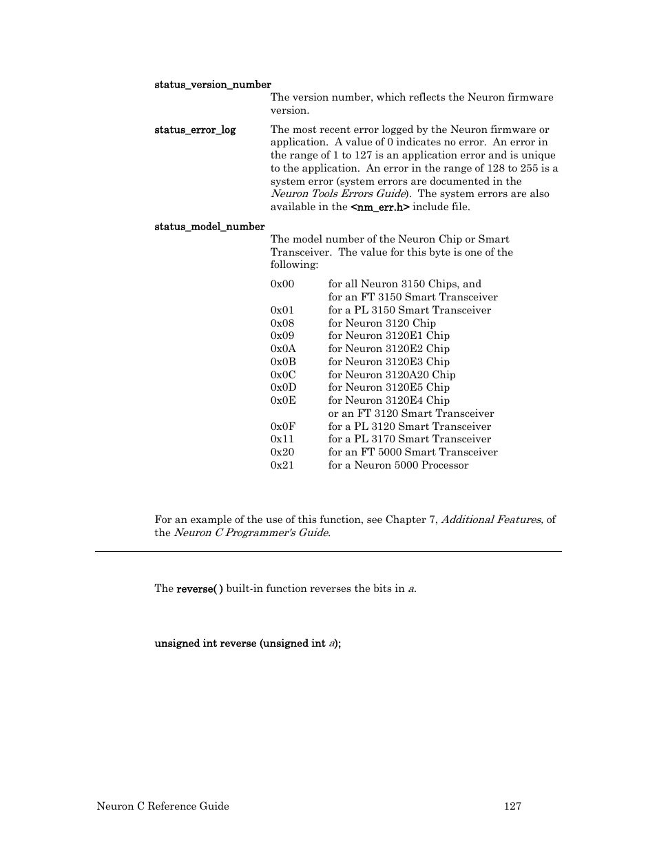 Example, Reverse( ) built-in function, Syntax | Echelon Neuron C User Manual | Page 147 / 267