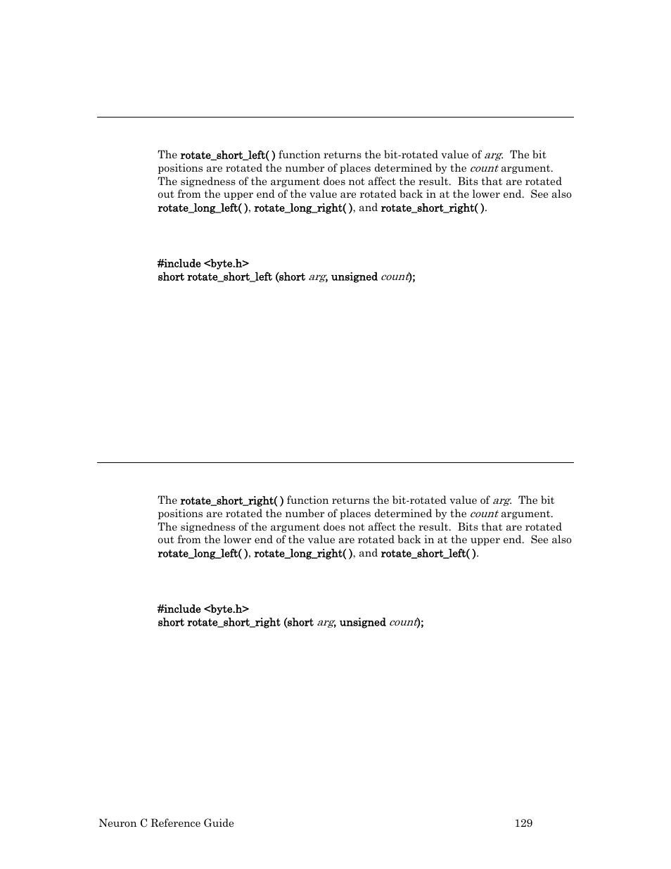 Rotate_short_left( ) function, Syntax, Example | Rotate_short_right( ) function | Echelon Neuron C User Manual | Page 149 / 267