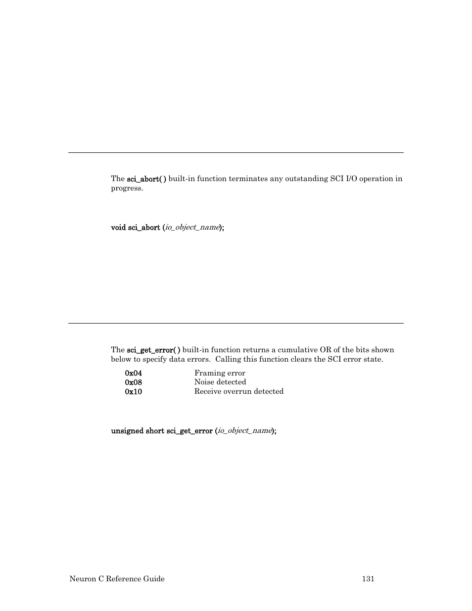 Sci_abort( ) built-in function, Syntax, Example | Sci_get_error( ) built-in function | Echelon Neuron C User Manual | Page 151 / 267