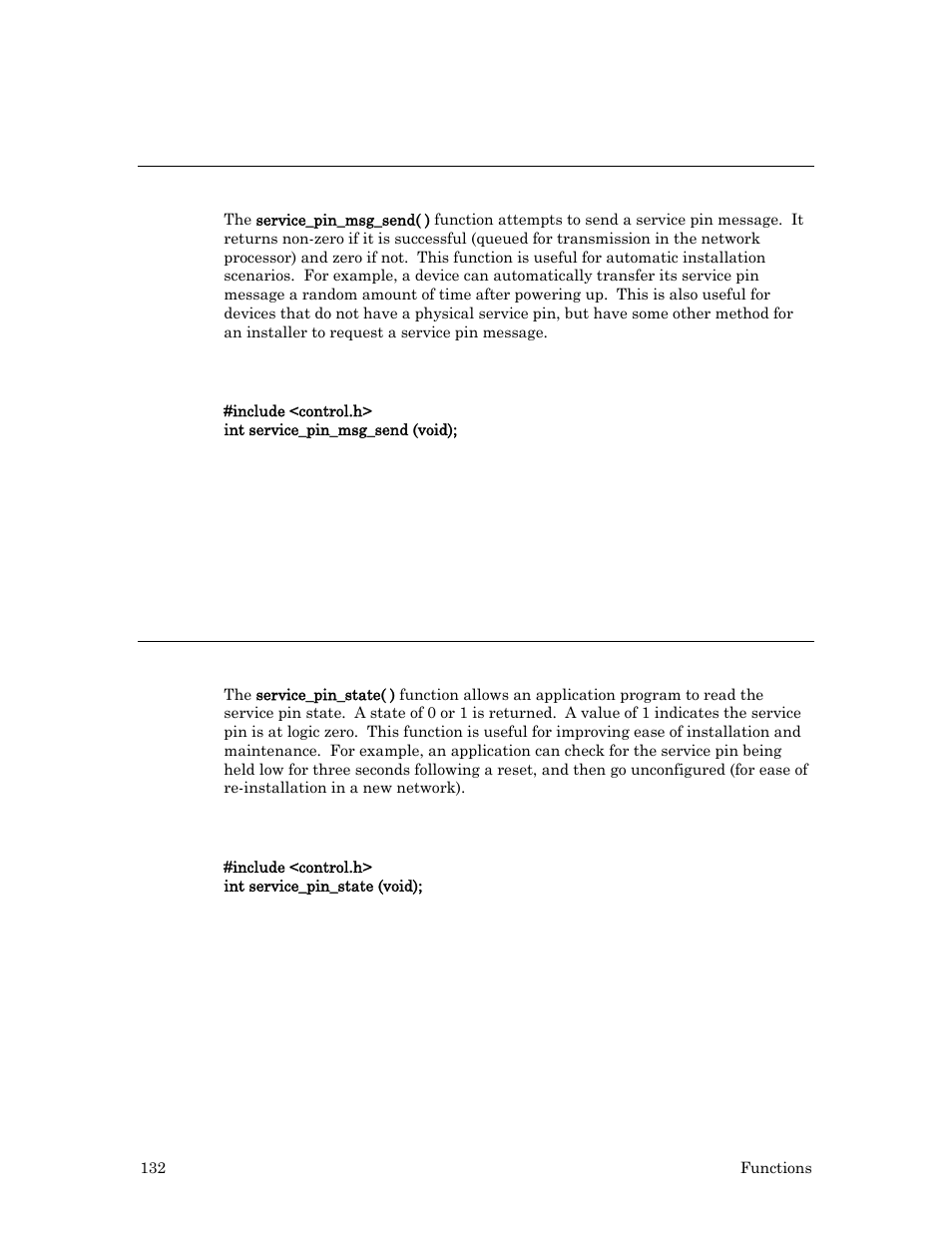 Service_pin_msg_send( ) function, Syntax, Example | Service_pin_state( ) function | Echelon Neuron C User Manual | Page 152 / 267