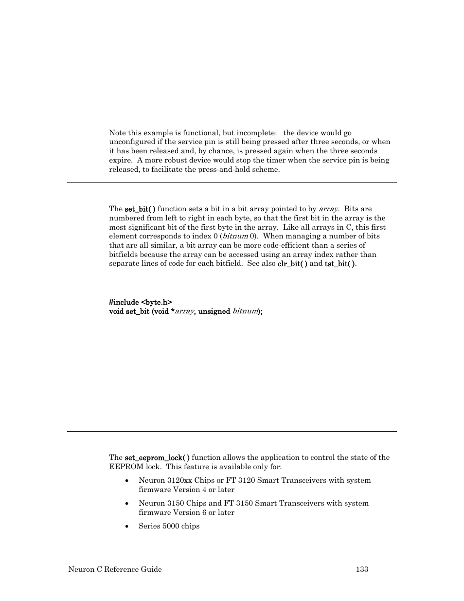 Set_bit( ) function, Syntax, Example | Set_eeprom_lock( ) function | Echelon Neuron C User Manual | Page 153 / 267