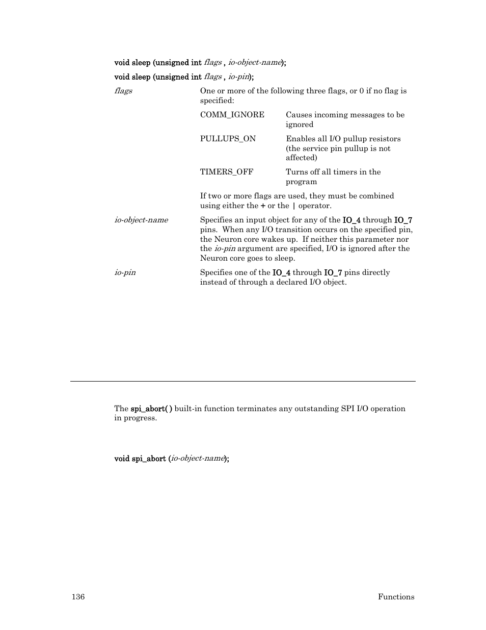 Example, Spi_abort( ) function, Syntax | Echelon Neuron C User Manual | Page 156 / 267