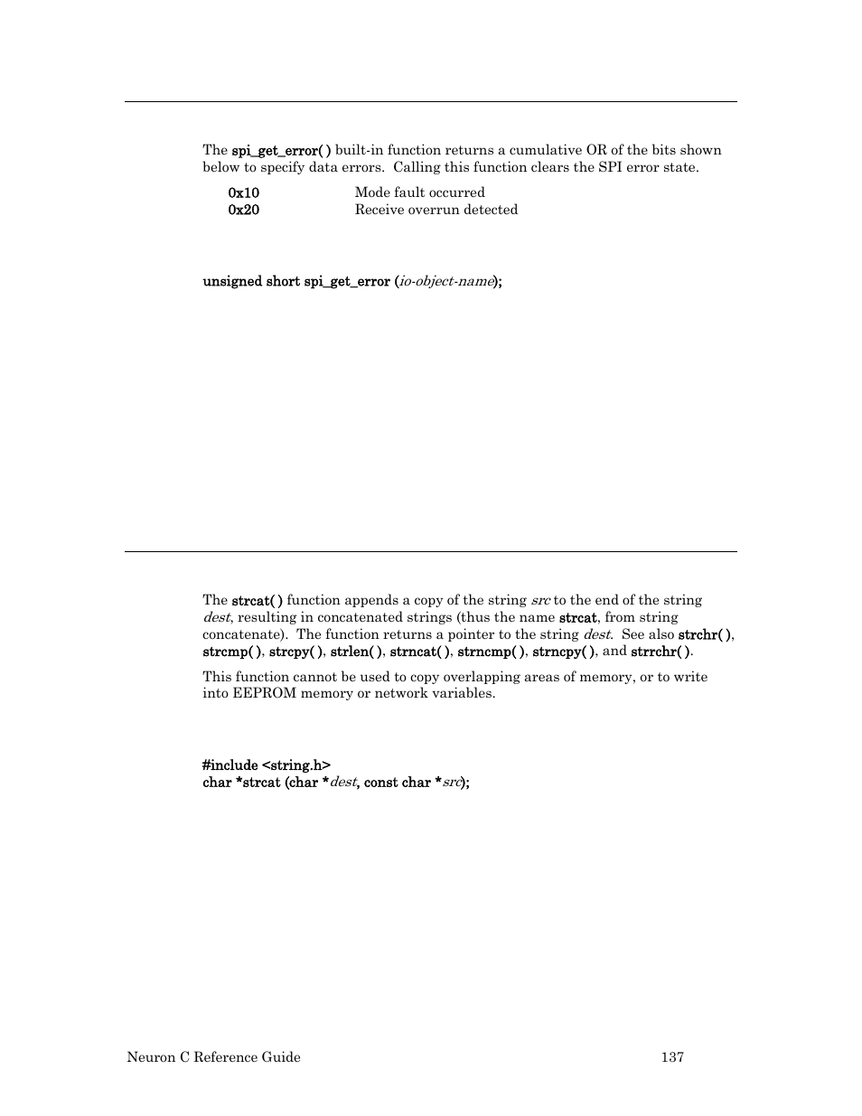 Spi_get_error( ) function, Syntax, Example | Strcat( ) function | Echelon Neuron C User Manual | Page 157 / 267