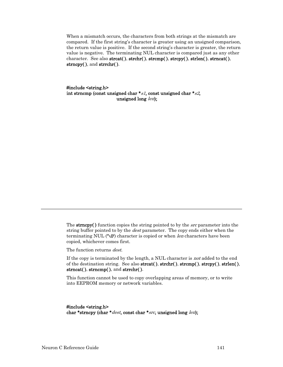 Syntax, Example, Strncpy( ) function | Echelon Neuron C User Manual | Page 161 / 267