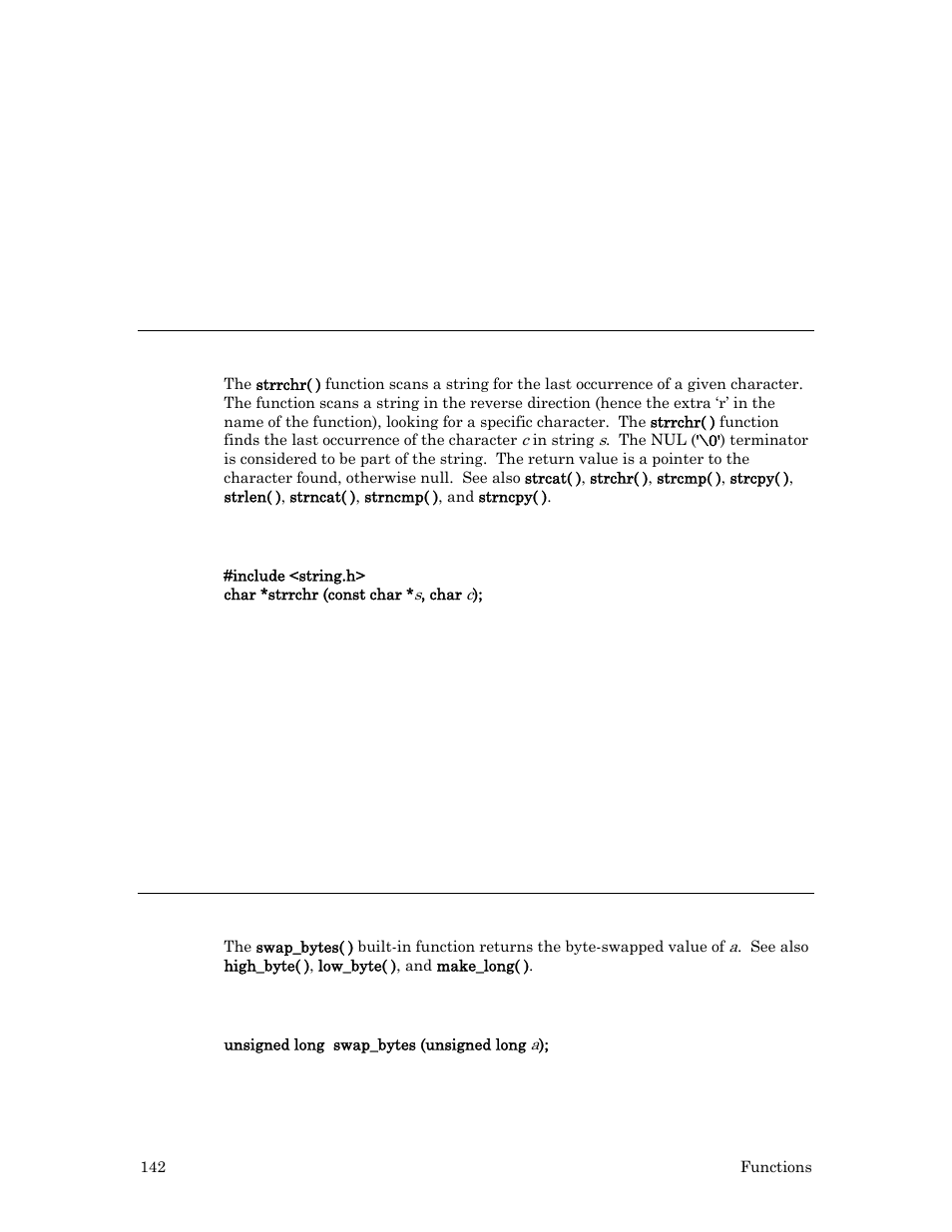 Example, Strrchr( ) function, Syntax | Swap_bytes( ) built-in function | Echelon Neuron C User Manual | Page 162 / 267