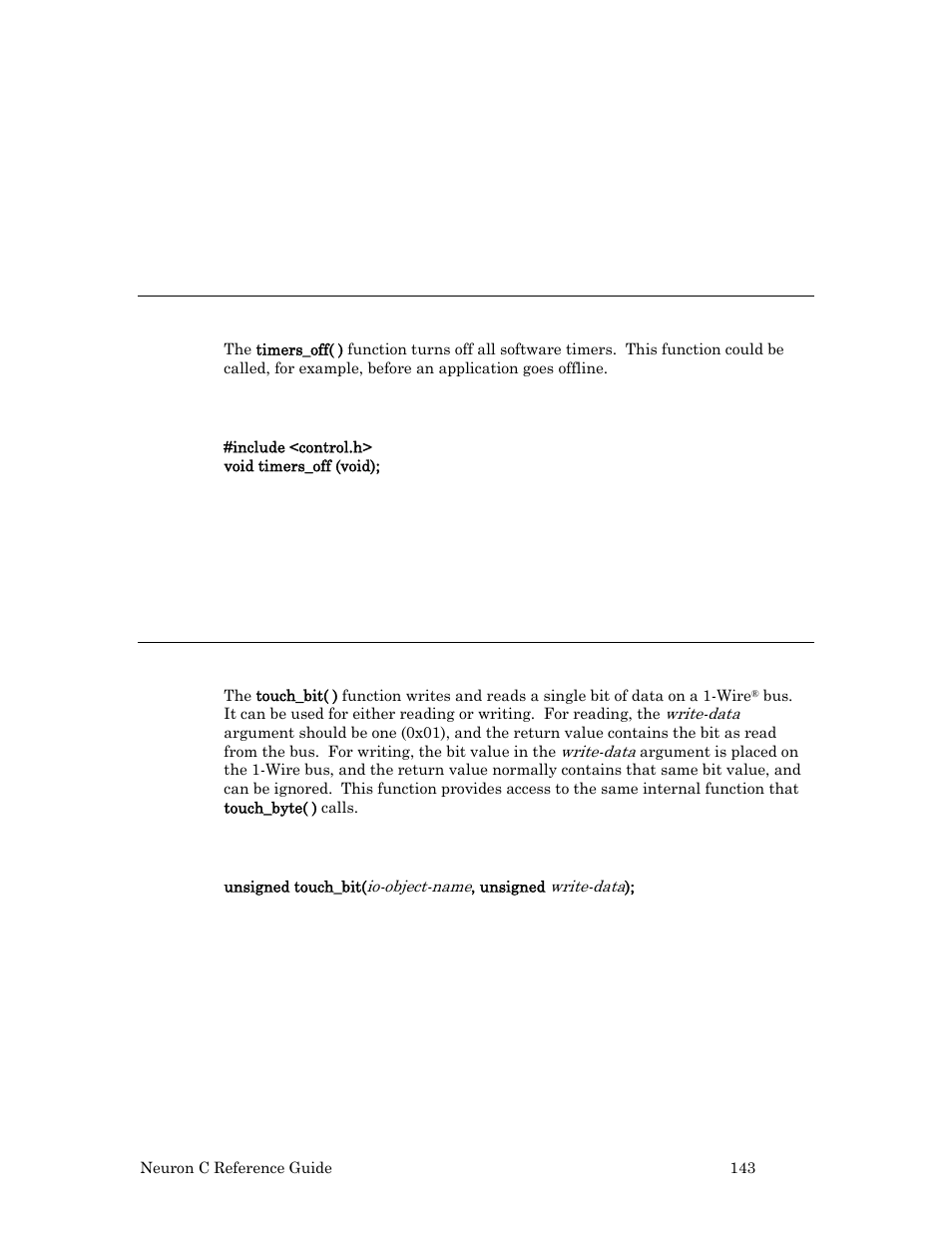 Example, Timers_off( ) function, Syntax | Touch_bit( ) built-in function | Echelon Neuron C User Manual | Page 163 / 267