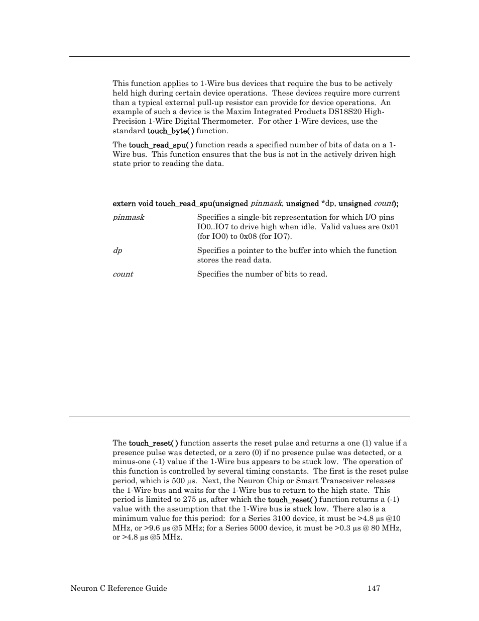 Touch_read_spu( ) built-in function, Syntax, Example | Touch_reset( ) built-in function | Echelon Neuron C User Manual | Page 167 / 267