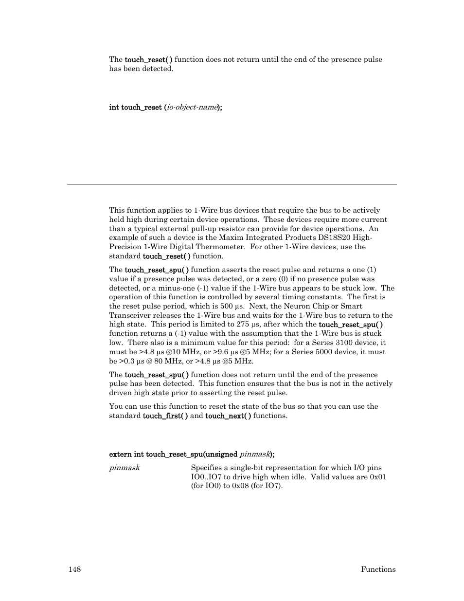 Syntax, Example, Touch_reset_spu( ) built-in function | Echelon Neuron C User Manual | Page 168 / 267